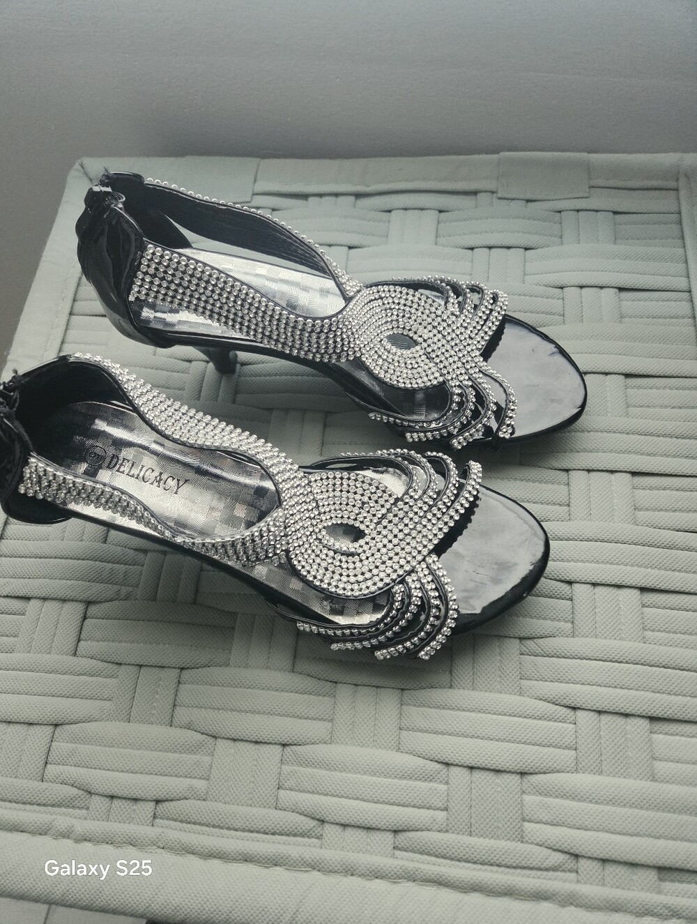 Delicacy Black Heeled Sandals with Silver Crystal Accents